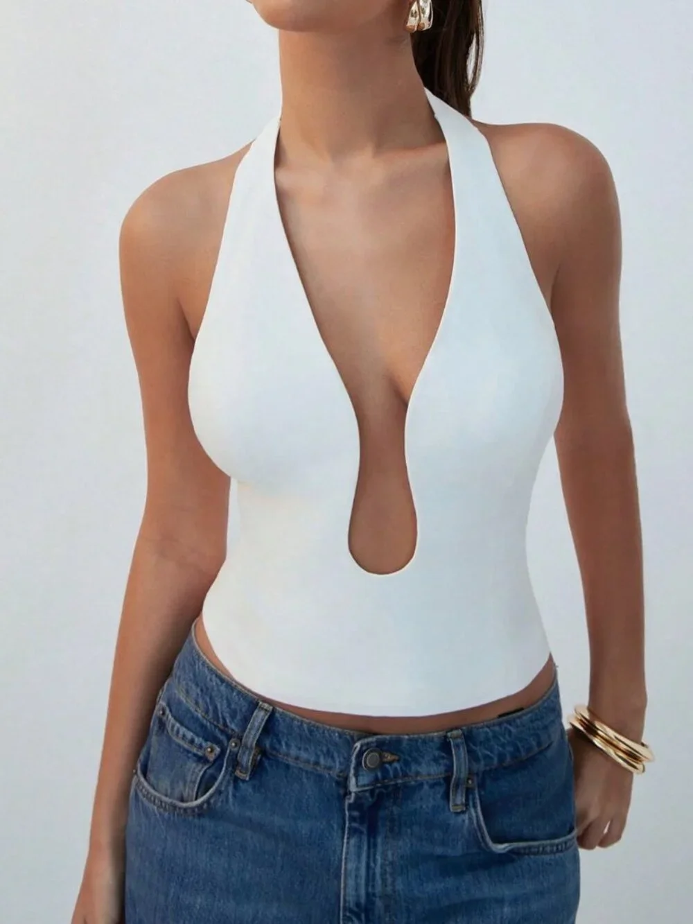 White Sexy Women's Deep Plunge Halter Top